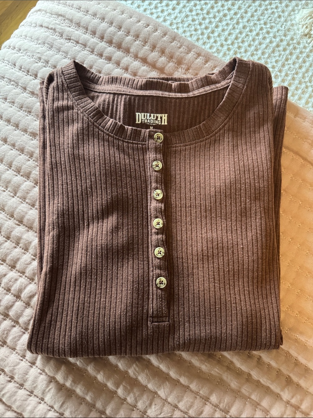 Duluth Trading Ribbed Henley in Mauve Brown